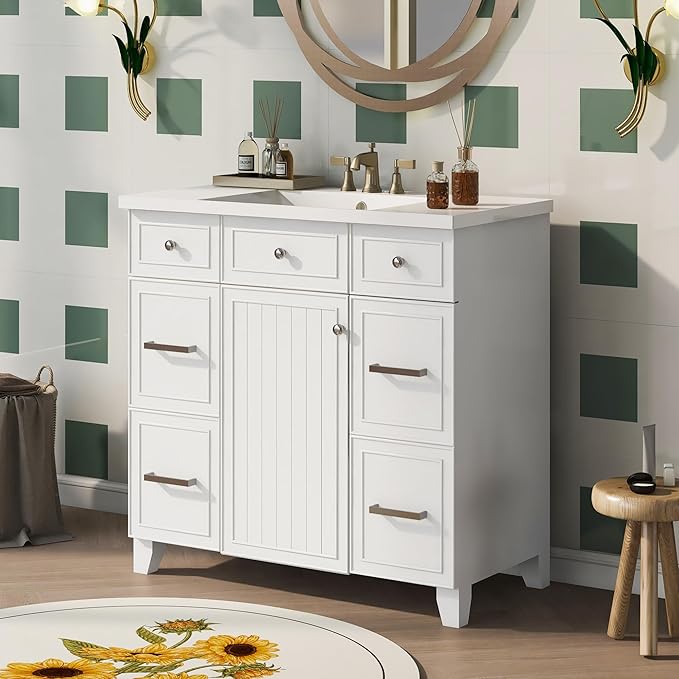 LUMISOL 36" Bathroom Vanity with Sink Top, Modern Bathroom Vanity with 3 Drawers & Cabinet, Solid Wood Bathroom Cabinet with Undermount Basin, White