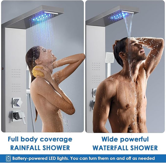 ROVOGO LED Shower Panel Tower System, 5-Function Shower Column with Rainfall Waterfall Shower Head, 4 Body Jets, Handheld and Tub Spout, Stainless Steel Brushed