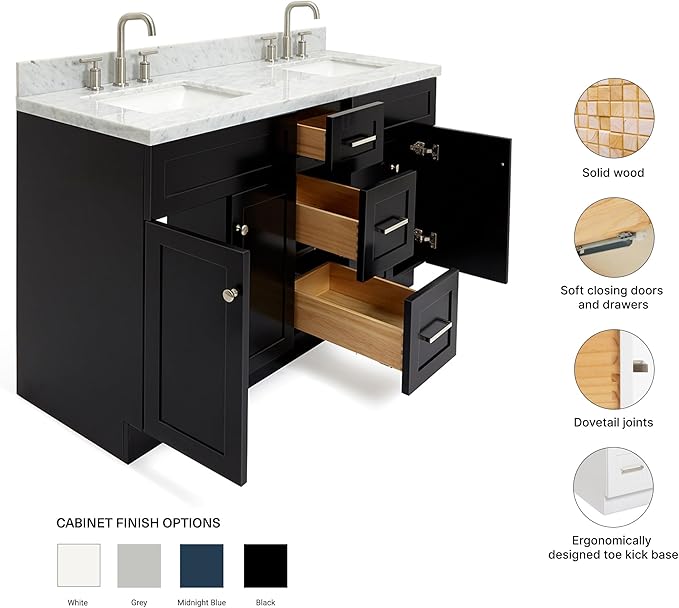 ARIEL Hamlet 60-inch Bathroom Vanity with Sink,Solid Wood, 1.5-inch Italian Carrara Marble Countertop, Double Rectangular Porcelain Sink, 4 Soft Closing Doors, 3 Dovetail Drawers, Black