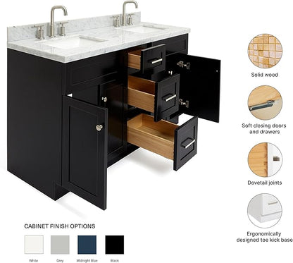 ARIEL Hamlet 60-inch Bathroom Vanity with Sink,Solid Wood, 1.5-inch Italian Carrara Marble Countertop, Double Rectangular Porcelain Sink, 4 Soft Closing Doors, 3 Dovetail Drawers, Black