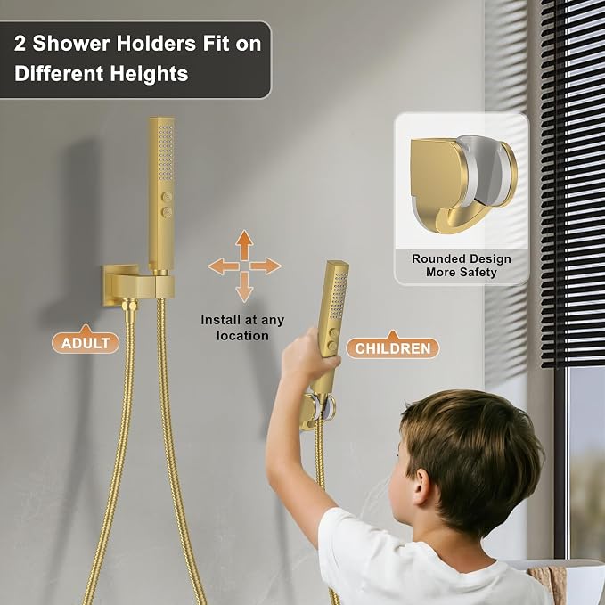 Rain Shower System 12" & 6" Dual Shower Heads, Wall Mount Shower Faucet Set | Ideal for bathroom remodels and upgrades with 12" rain shower, 6" angled shower, handheld spray and complete valve kit.