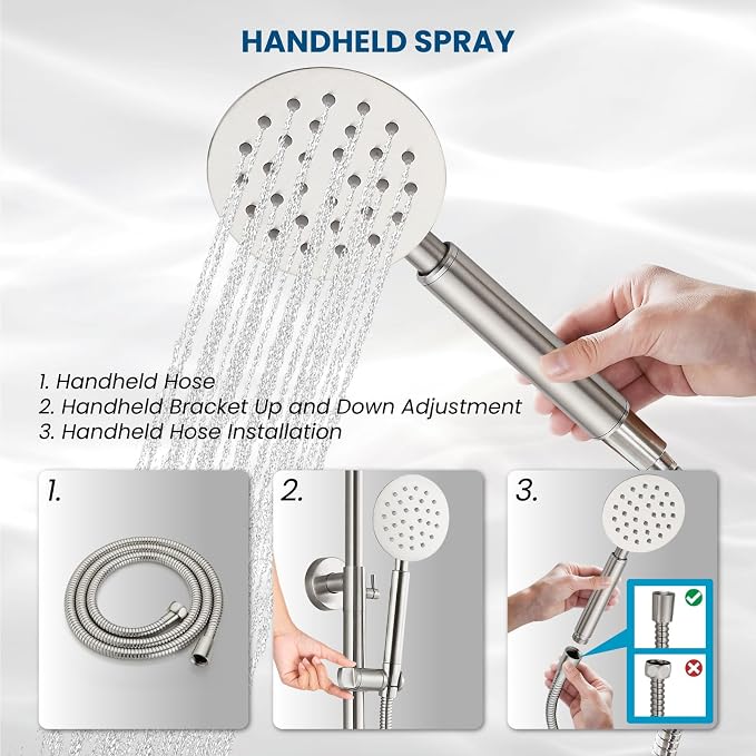 gotonovo Outdoor Shower 304 Stainless Steel, Brushed Nickel, Single Handle | Rain 8 Inch Outdoor Shower Head with Handheld Kit Fixtures System Faucet Set with Valve Wall Mount for Seaside Backyard Pool