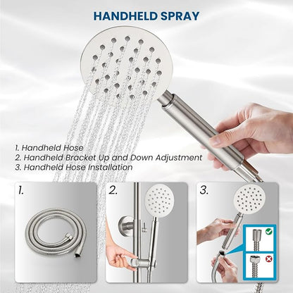 gotonovo Outdoor Shower 304 Stainless Steel, Brushed Nickel, Single Handle | Rain 8 Inch Outdoor Shower Head with Handheld Kit Fixtures System Faucet Set with Valve Wall Mount for Seaside Backyard Pool