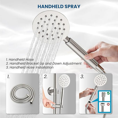 gotonovo Outdoor Shower 304 Stainless Steel, Brushed Nickel, Cross Handle | Rain 8 Inch Outdoor Shower Head with Handheld Kit Fixtures System Faucet Set with Valve Wall Mount for Seaside Backyard Pool