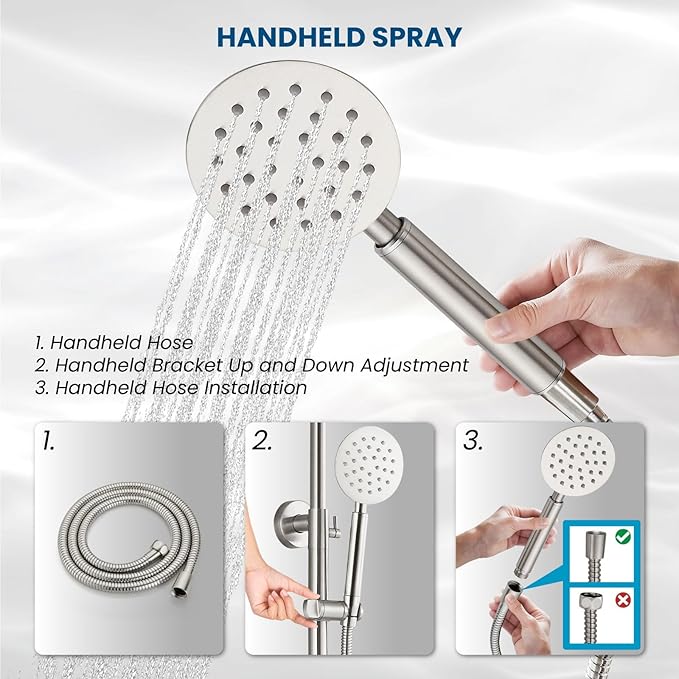 gotonovo Outdoor Shower 304 Stainless Steel, Brushed Nickel, Lever Handle | Rain 8 Inch Outdoor Shower Head with Handheld Kit Fixtures System Faucet Set with Valve Wall Mount for Seaside Backyard Pool
