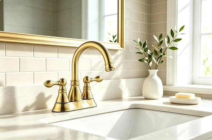 Two Handle Bathroom Sink Faucet 3 Hole with Overflow Pop up Drain, 360° Swivel Spout 4 Inch Centerset Lavatory Faucet Without Water Supply Lines,Brushed Gold,F-4501-CS