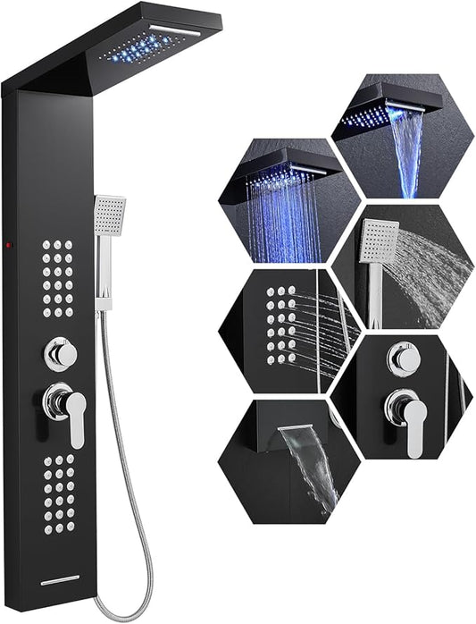 LED Shower Panel Tower System Black with Rainfall Waterfall Shower Head, 5-in-1 Shower Tower with Powerful Body Jets, Handheld Shower and Tub Spout, High Pressure Shower Column Stainless Steel