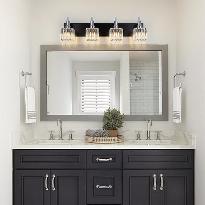 Black Chrome Bathroom Vanity Lights, Modern 4 Lights Crystal Bathroom Lighting Fixtures Over Mirror Crystal Wall Light with Square Shade