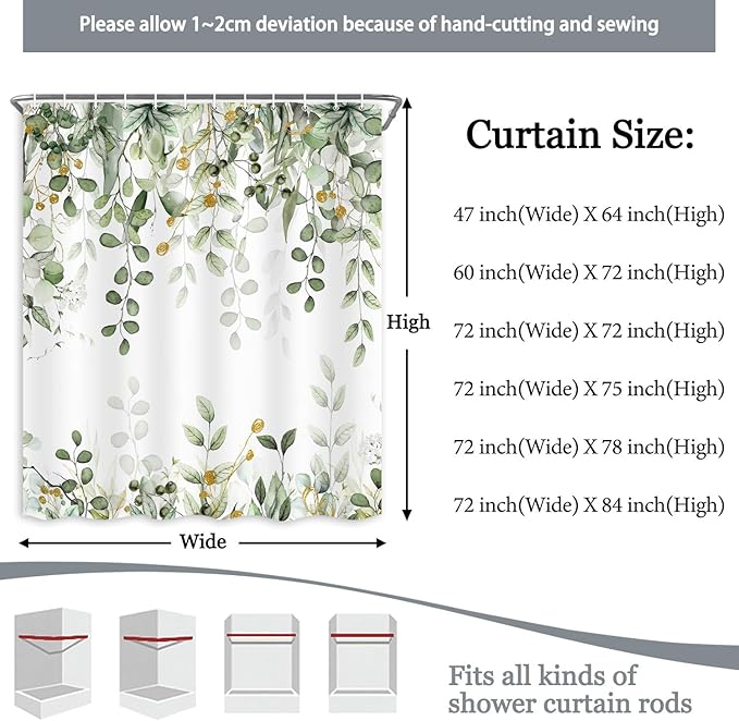 Long Eucalyptus Shower Curtain 72X78 Inch, Sage Green Watercolor Plants Leaves Floral Tall Bathroom Curtains, Botanical Foliage Waterproof Fabric Cloth Shower Curtain Set with Hooks