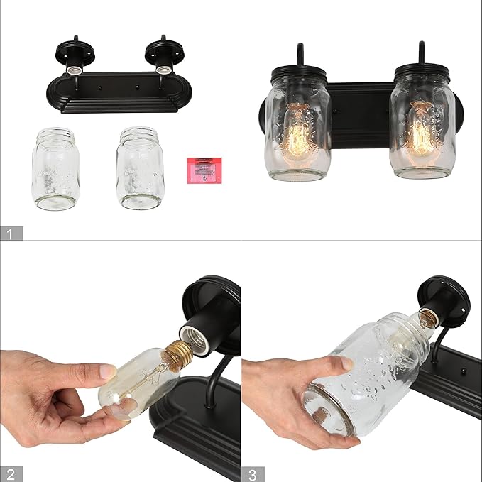 LALUZ Bathroom Vanity Light Fixtures, 2-Light Black Mason Jar Vanity Lights for Bathroom, 14'' Farmhouse Rustic Bathroom Lights Over Mirror