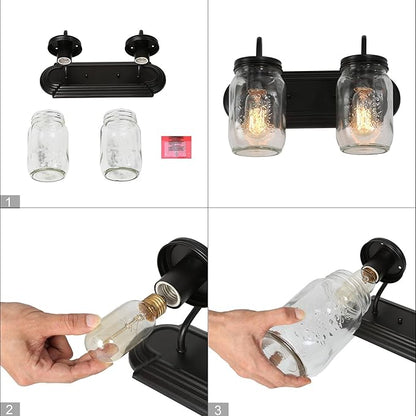 LALUZ Bathroom Vanity Light Fixtures, 2-Light Black Mason Jar Vanity Lights for Bathroom, 14'' Farmhouse Rustic Bathroom Lights Over Mirror