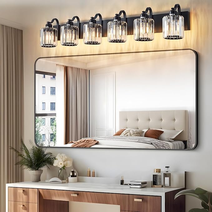 Black Crystal Bathroom Lights Fixtures 6 Light Crystal Bathroom Vanity Lights Fixtures Over Mirror Modern Matte Black Bath Wall Lights with Round Shade (Exclude Bulb)