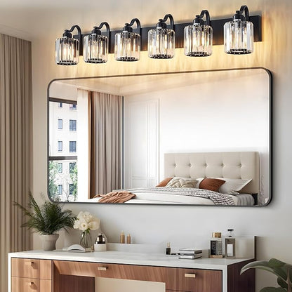 Black Crystal Bathroom Lights Fixtures 6 Light Crystal Bathroom Vanity Lights Fixtures Over Mirror Modern Matte Black Bath Wall Lights with Round Shade (Exclude Bulb)