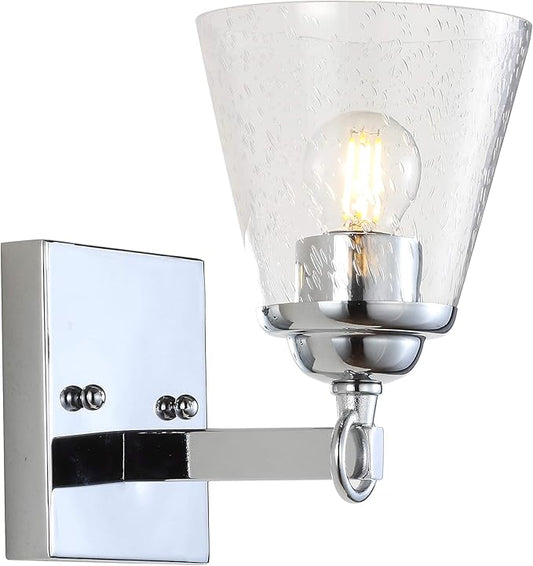 JONATHAN Y 5" Chrome Marion 1-Light Vanity Light Wall Sconce for Bathroom Decor, Clear Seeded Glass Shade, Reversible Hardwired Lamp for Mirror Hallway, LED Bulb JYL7432A