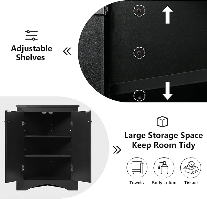 Corner Storage Cabinet with Two Doors for Bathroom, Living Room or Kitchen, Adjustable Shelf, Freestanding Floor Space Saver, Black