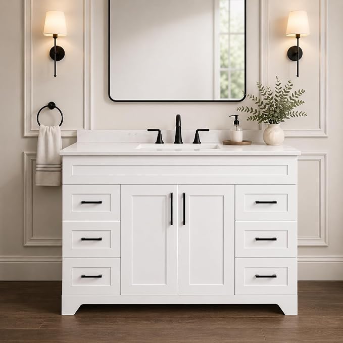 48" Luxurious Bathroom Vanity with White Stone Countertop and Rectangle Sink and Back Splash,2 Soft Closing Doors & 6 Full Extension Drawers (Without Faucet、Pop Up Drain &Mirror)