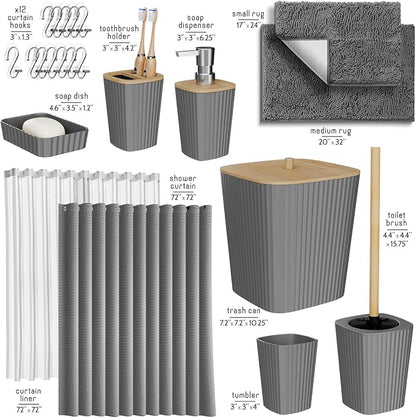 Clara Clark Bathroom Set, Bathroom Sets with Shower Curtain and Rugs | 22 Piece Grey Bathroom Accessories Set with Toothbrush Holder, Soap Dispenser, Soap Dish, Toilet Brush, and Trash Can