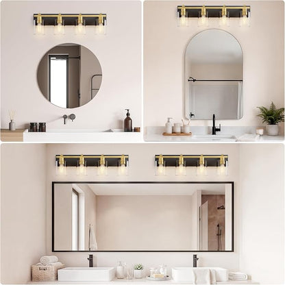 4-Light 30inch Black and Gold Vanity Light, Thickened Clear Glass | Over Mirror for Bathroom, Rust Resistant, E26 Base, Easy Install, Removable Glass Shade Horizontal Mount, Dimmable