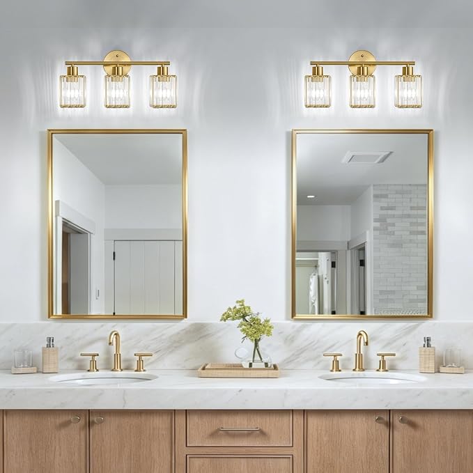 3 Light Bathroom Light Fixtures, Modern Crystal Vanity Lights over Mirror | Metal Frame, Bathroom Light with Square Crystal Shade, ETL Certified, E26 Ceramic Socket, Bulbs Not Included