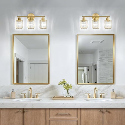 3 Light Bathroom Light Fixtures, Modern Crystal Vanity Lights over Mirror | Metal Frame, Bathroom Light with Square Crystal Shade, ETL Certified, E26 Ceramic Socket, Bulbs Not Included