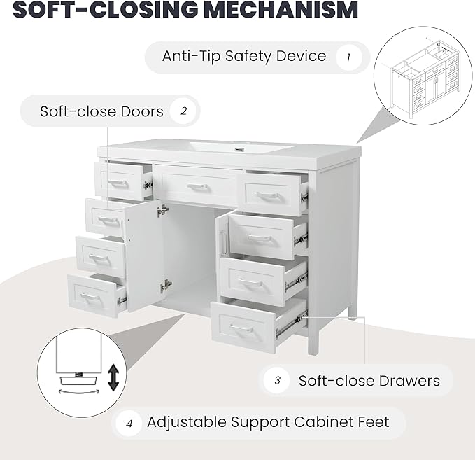 Harper & Bright Designs 48" Bathroom Vanity Set with Sink, Free Standing Single Basin Vanity Set with 2 Soft-Close Doors and 8 Drawers, Wood Storage Cabinet with Resin Basin for Bathroom, White