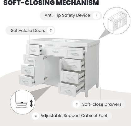Harper & Bright Designs 48" Bathroom Vanity Set with Sink, Free Standing Single Basin Vanity Set with 2 Soft-Close Doors and 8 Drawers, Wood Storage Cabinet with Resin Basin for Bathroom, White