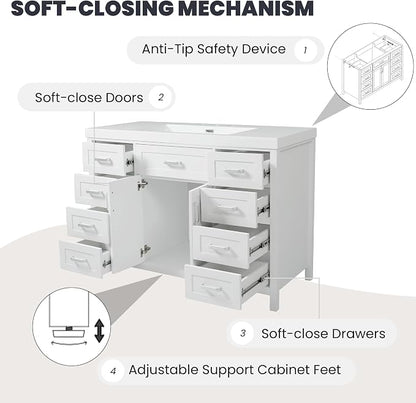 48" Bathroom Vanity with Resin Sink, Cabinet with Soft-Closing Drawers and Doors, Simple & Modern Style, Solid Wood Frame, White