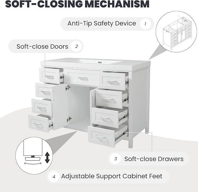 47" Bathroom Vanity Base Only, Cabinet with Soft-Closing Drawers and Doors, Simple & Modern Style, Solid Wood Frame, White