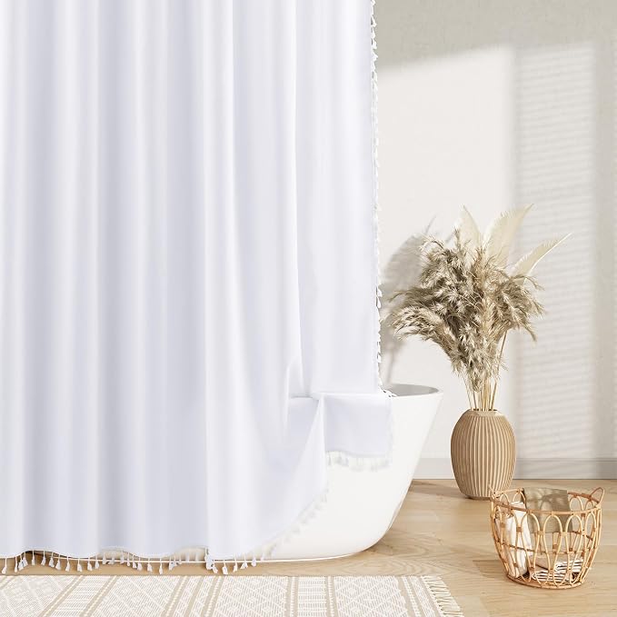 Extra Long White Boho Linen Shower Curtain 96 Inches Tassel Neutral Textured Cloth Shower Curtain Set with Hooks Rustic Elegant Shower Curtain for Bathroom Water Repellent 72x96, White