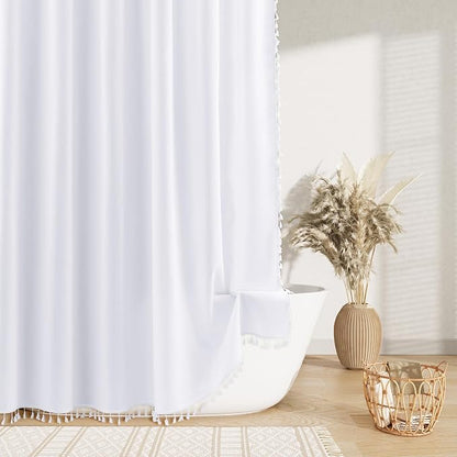 Extra Long White Boho Linen Shower Curtain 96 Inches Tassel Neutral Textured Cloth Shower Curtain Set with Hooks Rustic Elegant Shower Curtain for Bathroom Water Repellent 72x96, White