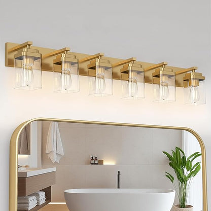 Brushed Gold Bathroom Light Fixtures, 6 Lights Bathroom Lighting Fixtures Over Mirror, Square Design & Rectangle Large Backplate, Modern Vanity Lighting Fixtures, for Living Room/Bedroom