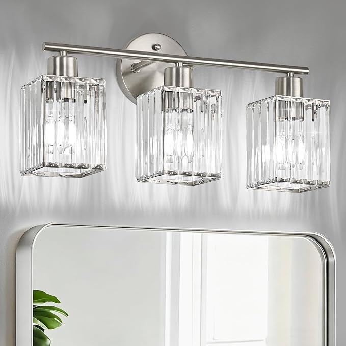 3 Light Bathroom Light Fixtures, Modern Crystal Vanity Lights over Mirror | Metal Frame, Bathroom Light with Square Crystal Shade, ETL Certified, E26 Ceramic Socket, Bulbs Not Included