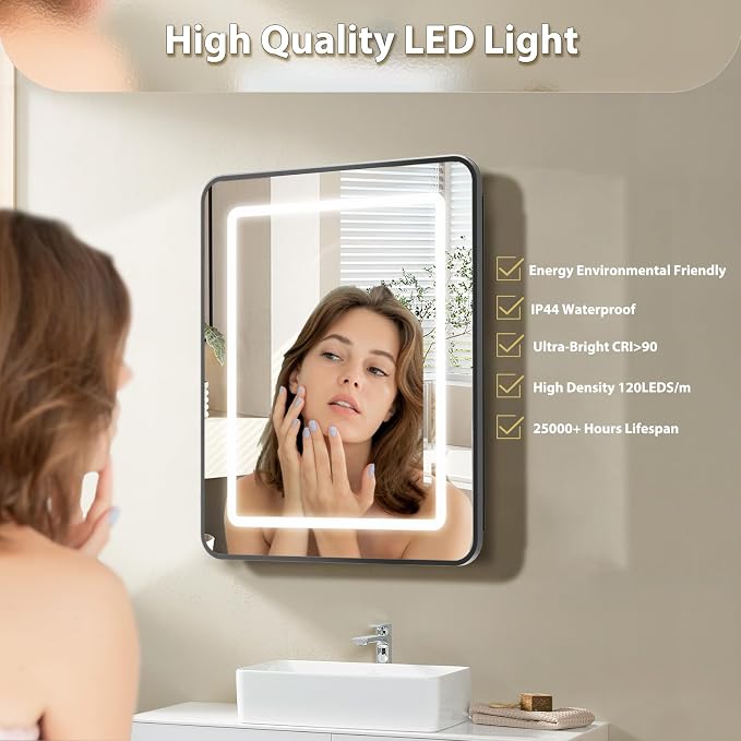 ROOMTEC 16 x 24 Inch Medicine Cabinet Mirror with LED Lights, Black Bathroom Medicine Cabinet with Mirror and Storage, Recessed or Wall Mount, 3 Color Temperature, Dimmable Light