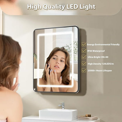 ROOMTEC 16 x 24 Inch Medicine Cabinet Mirror with LED Lights, Black Bathroom Medicine Cabinet with Mirror and Storage, Recessed or Wall Mount, 3 Color Temperature, Dimmable Light