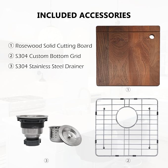 COMLLEN 17x19 Inch Drop in Bar Sink Brushed Nickel | cutting board, 304, 16 gauge, 9-inch deep, grid drain, workstation, outdoor, RV, laundry, kitchen
