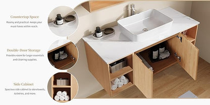 48" Floating Bathroom Vanity with Sink, Modern Vanity Cabinet with Sintered Stone Countertop, Wall Mount Bathroom Sink with Storage, Ceramic Basin, Light Wood (Pure White)