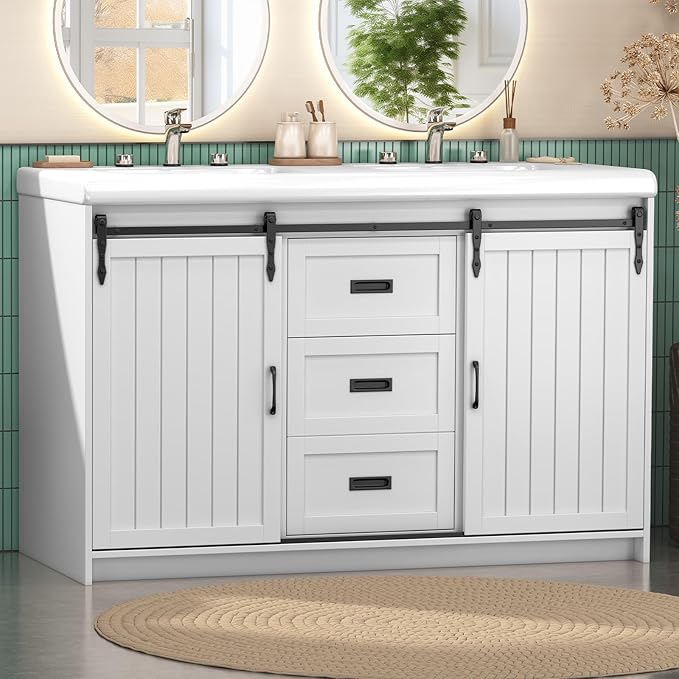 48 Inch Bathroom Vanity with Sink, Bathroom Vanity Cabinet with Doulble Sink, Bath Vanities with 2 Sliding Doors, White