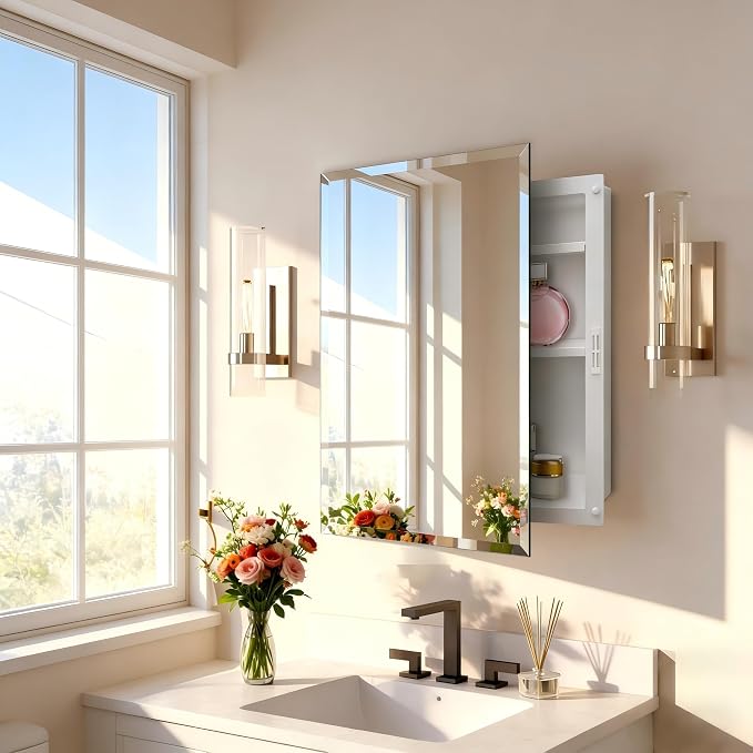 17x27 Plastic Medicine Cabinet with Mirror, Recessed or Surface Mount | 3 adjustable shelves, beveled mirror, soft-close reversible door, 95% assembled; cutout 13.86"W x 24.15"H x 3"D