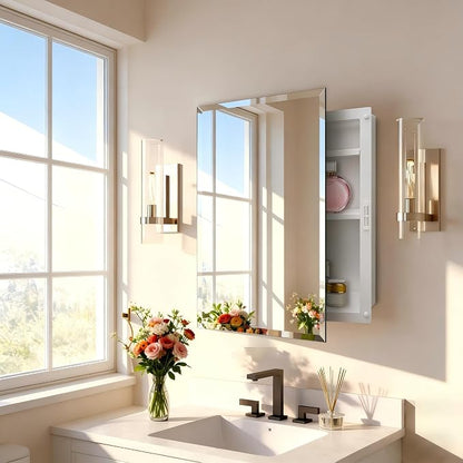 17x27 Plastic Medicine Cabinet with Mirror, Recessed or Surface Mount | 3 adjustable shelves, beveled mirror, soft-close reversible door, 95% assembled; cutout 13.86"W x 24.15"H x 3"D