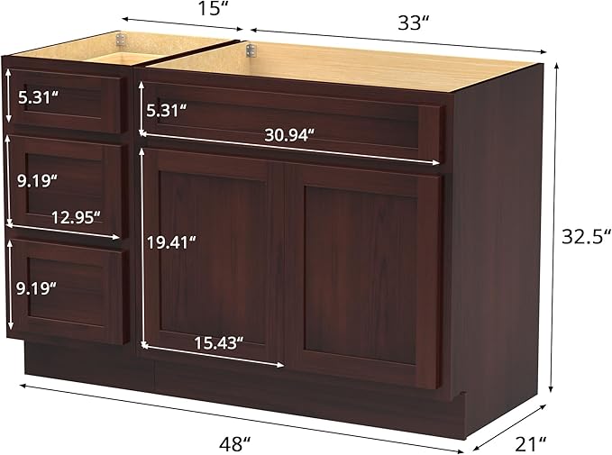 Vanity Art 48 inch Bathroom Vanity with Double Shutter Door, Wood Bathroom Vanity Cabinet with Soft Closing Shaker Drawer, Sturdy Floor Mounted Storage Cabinet Organizer for Bathroom, VA4048-3-B