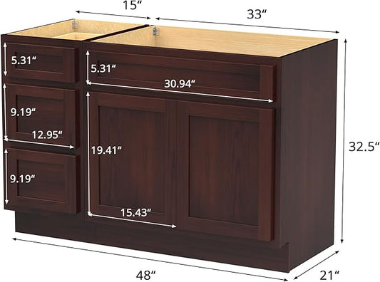 Vanity Art 48 inch Bathroom Vanity with Double Shutter Door, Wood Bathroom Vanity Cabinet with Soft Closing Shaker Drawer, Sturdy Floor Mounted Storage Cabinet Organizer for Bathroom, VA4048-3-B