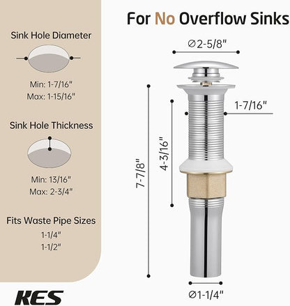KES Bathroom Sink Drain with Strainer Basket Hair Catcher Anti Clog Pop Up Drain Stopper Vanity Vessel Sink Without Overflow, Polished Chrome S2013D-CH