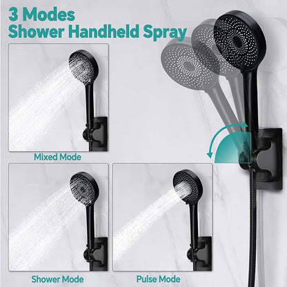 13" Rainfall Shower Head with Handheld Spray, Button Switch by Handheld | Waterfall Showerhead , 3-Modes Spray, Adjustable Extension Arm, 71 Inches Stainless Steel Hose(Matte Black)