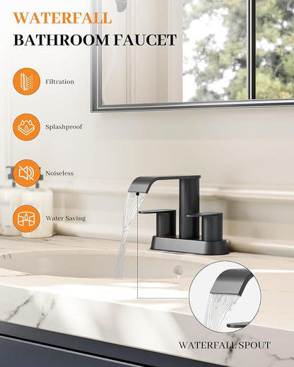 Matte Black Bathroom Faucet Waterfall 4 Inch Centerset Bathroom Sink Faucet | Stainless Steel with Pop up Sink Drain Stopper Supply Hose Basin Mixer Tap for Vanity RV 2 or 3 Hole Sink by Homevacious