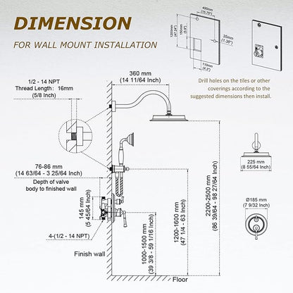 Rain Shower Head with Handheld Spray, Rainfall Shower System with Rough-in Valve, Luxury Shower Trim Kit Wall Mount, Brushed Gold