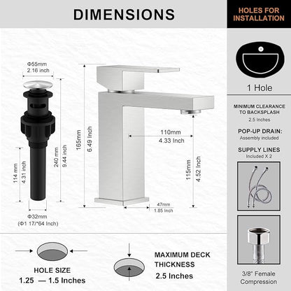Brushed Nickel Bathroom Faucet 1 Hole, Single Handle Vanity Faucet | Bathroom Sink Faucet with Pop Up Drain & Supply Lines, Lead-Free cUPC & NSF Certified, 1 Handle Faucet for Vanity RV Restroom
