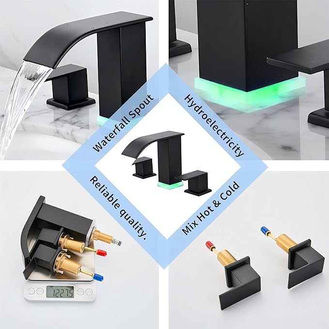 Bathroom faucets 3 Hole Widespread Modern Bathroom Sink Faucet 8 inch Matte Black Bathroom 3 Hole LED Light Waterfall Vanity Faucet Sink with Pop Up Drain (Matte Black)