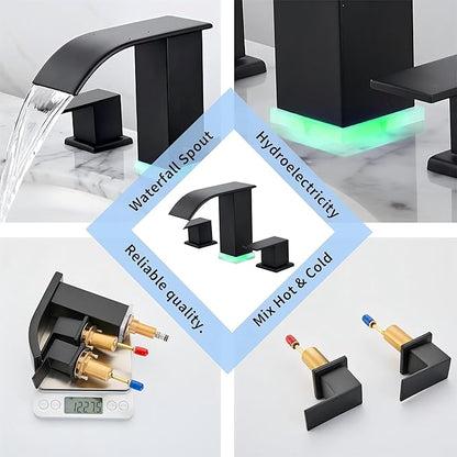 Bathroom faucets 3 Hole Widespread Modern Bathroom Sink Faucet 8 inch Matte Black Bathroom 3 Hole LED Light Waterfall Vanity Faucet Sink with Pop Up Drain (Matte Black)