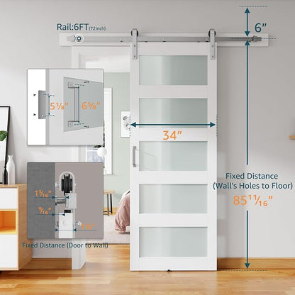 34'' x 84'' Glass Barn Door and 6FT Brushed Nickel Hardware Kit | MDF White Barn Door Slab with Frosted Glass, PVC Surface, Combined with Handle and Floor Guide-Assembly Required