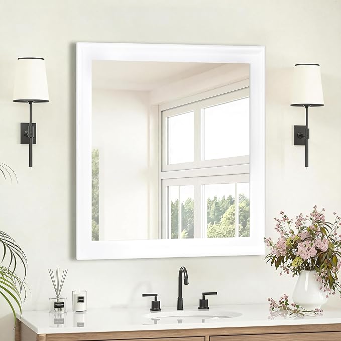 CULER White Wall Mirror for Bathroom,Rectangle 30 x 30 inch Vanity Mirrors | Hanging Square Rustic Mirror for Living Room,Bedroom,Entryway